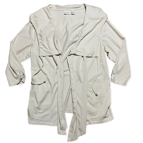 Zenergy By Chico’s Beige Lightweight 3/4 Sleeve Jersey Knit Hooded Cardigan Sz L - Picture 1 of 14